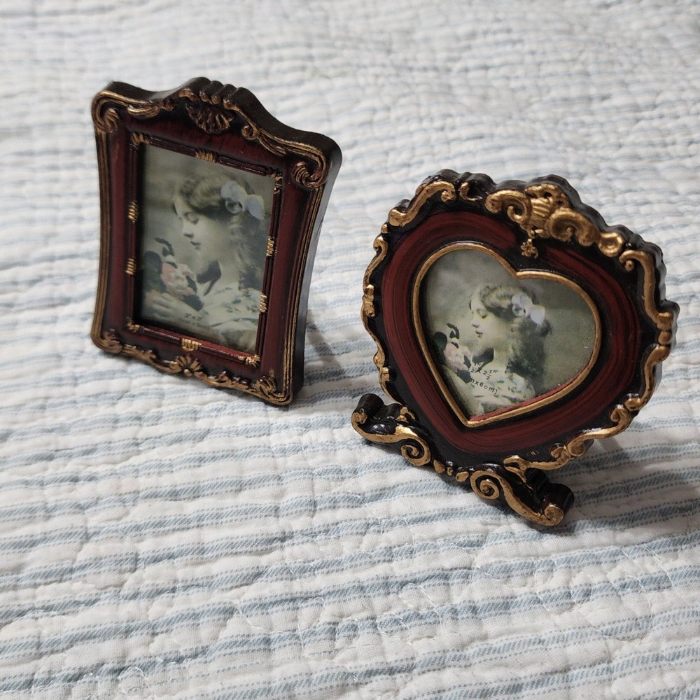 Miniature Ornate Picture Frame Set Heart and Rectangle Gold Trim Victorian 2pc